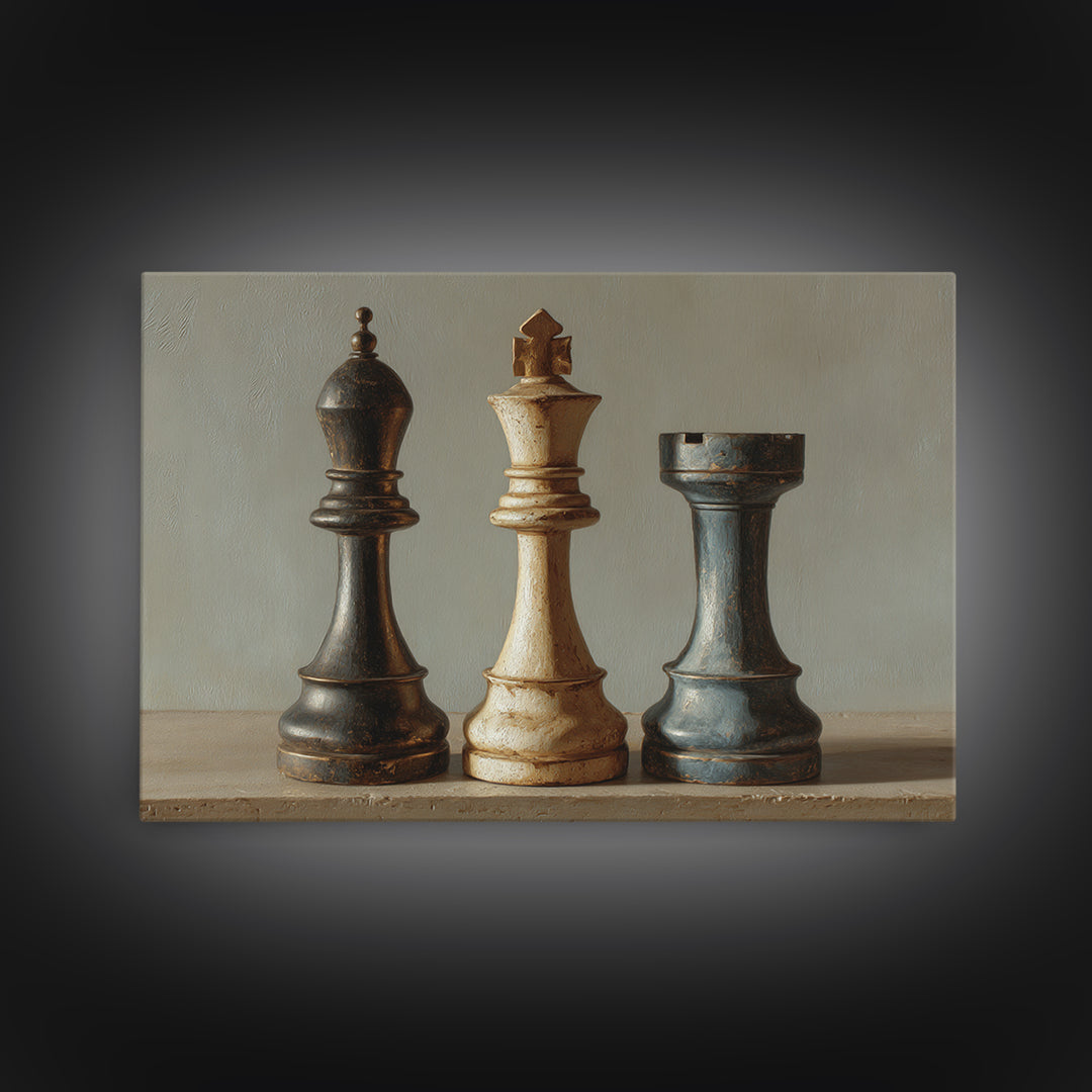 Minimal Chess Piece Still Life Framed Canvas Print, Office Art, Abstract Wall Art, Office Decor, Watercolor Art, Focus, OFF-3x2-65