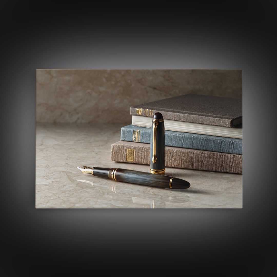 Fountain Pen and Notebook Still Life Without Framed Canvas Print, Office Art, Abstract Art, Office Decor, Oil Painting, Focus, OFF-3x2-74