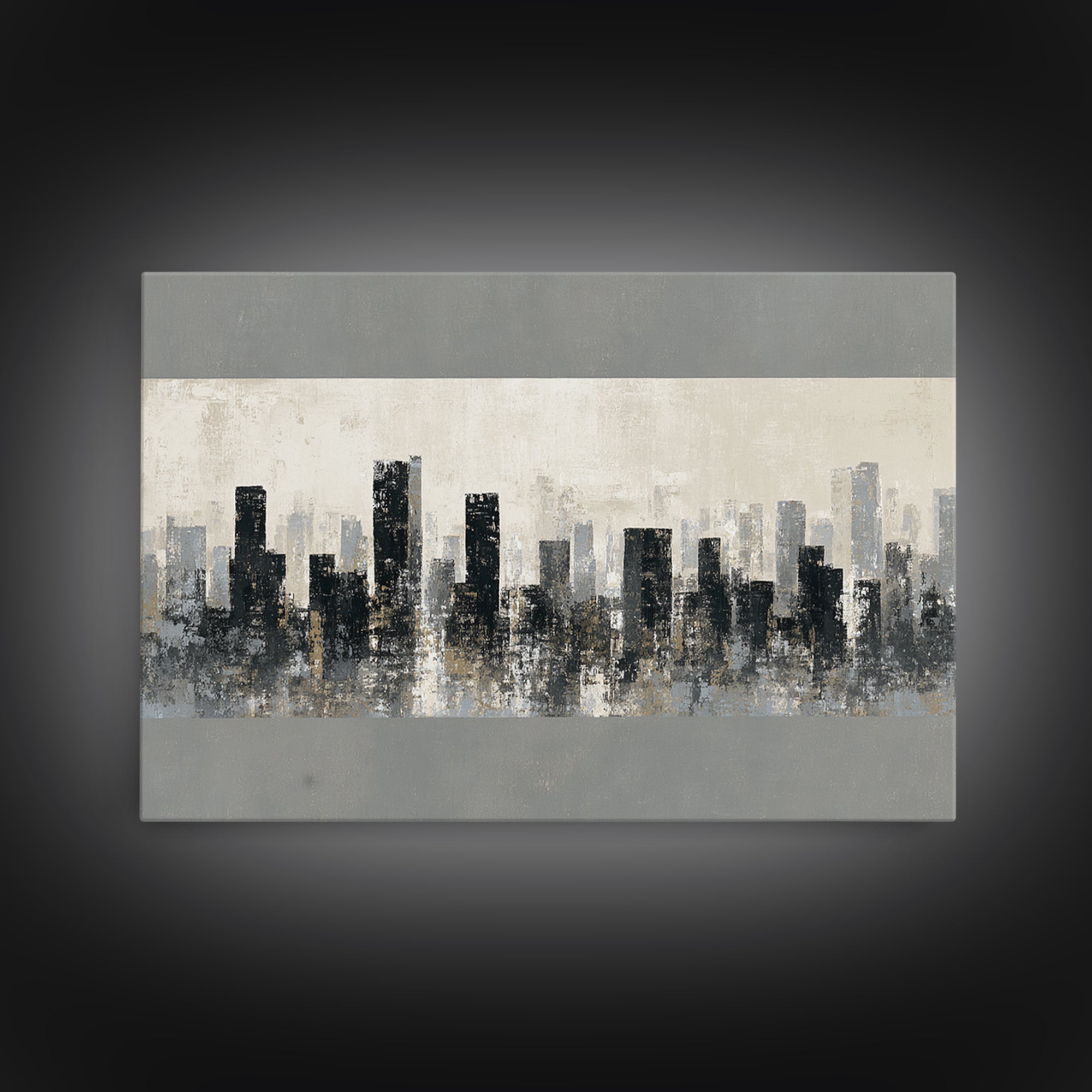Black and White City Skyline Silhouette Framed Canvas Print, Office Art, Canvas Print, Office Decor, Abstract Art, Focus, OFF-3x2-81