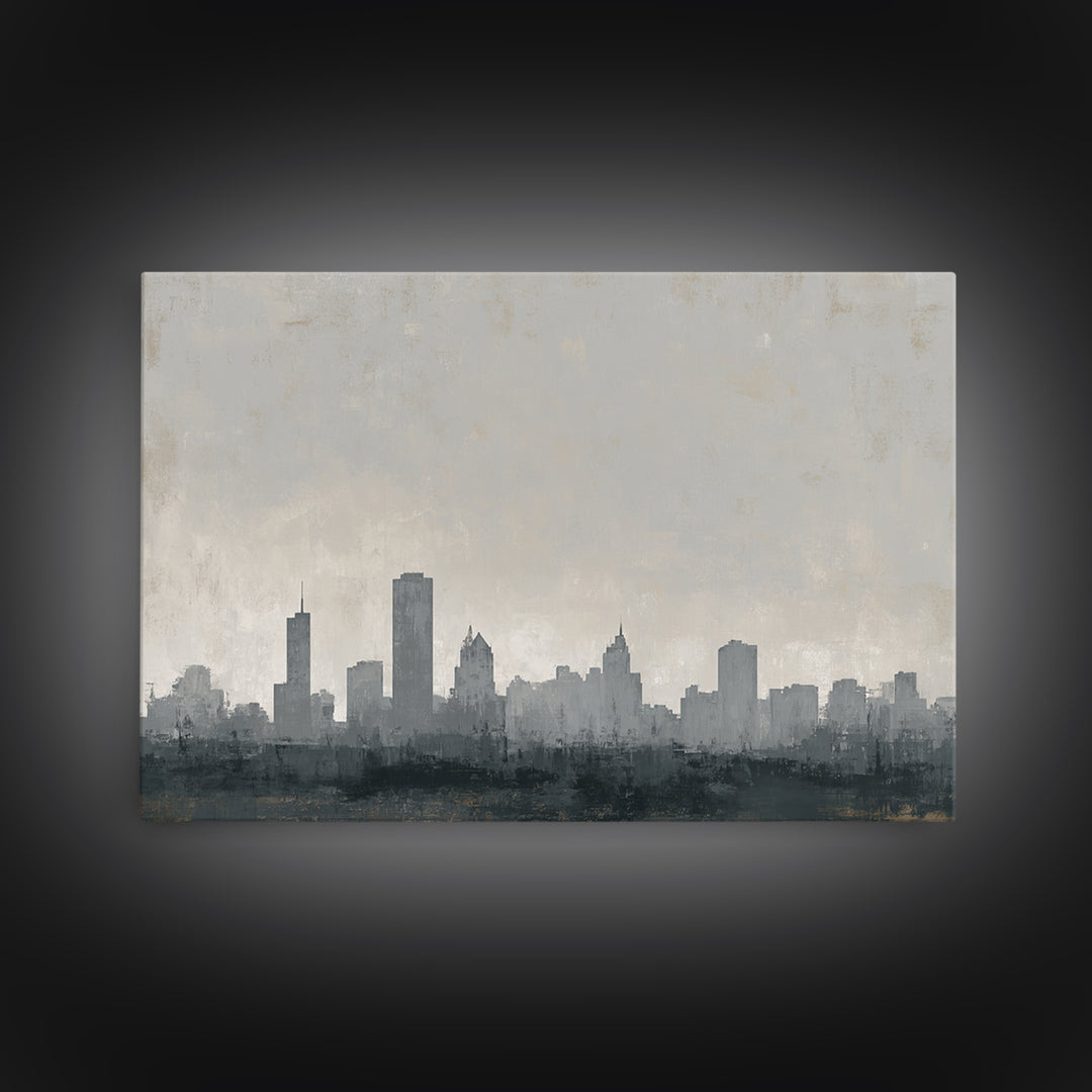 Black and White City Skyline Silhouette Framed Canvas Print, Office Art, Canvas Wall Art, Office Decor, Fine Art, Focus, OFF-3x2-9