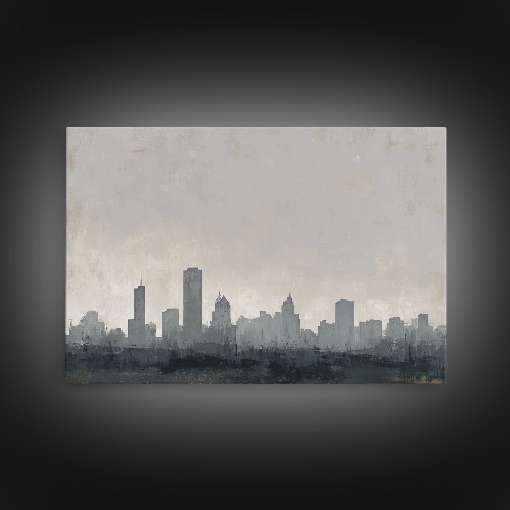 Black and White City Skyline Silhouette Framed Canvas Print, Office Art, Canvas Wall Art, Office Decor, Fine Art, Focus, OFF-3x2-9
