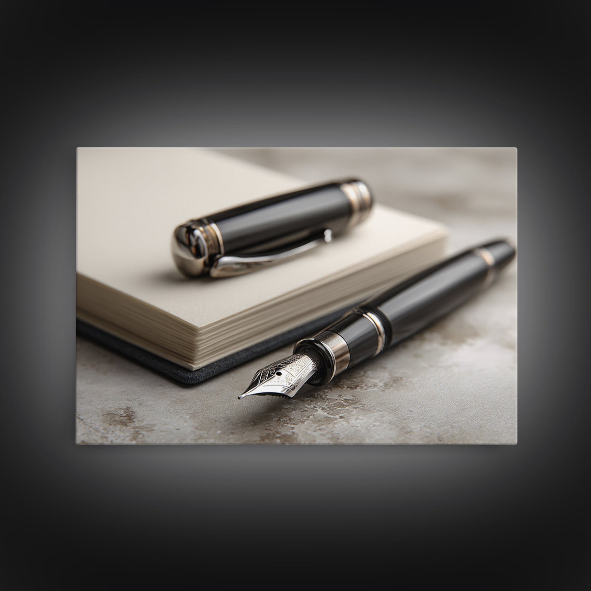 Fountain Pen and Notebook Still Life Without Canvas Print, Office Art, Living Room Decor, Office Decor, Fine Art, Focus, OFF-3x2-98