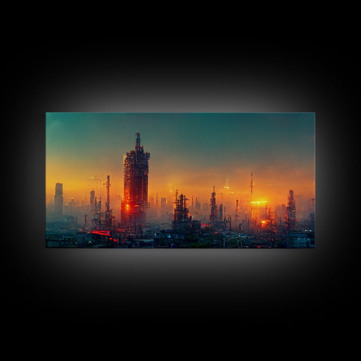 Cyberpunk city canvas art, video game concept art, living room wall art, dystopian art, outrun style city at sunset, man cave wall art