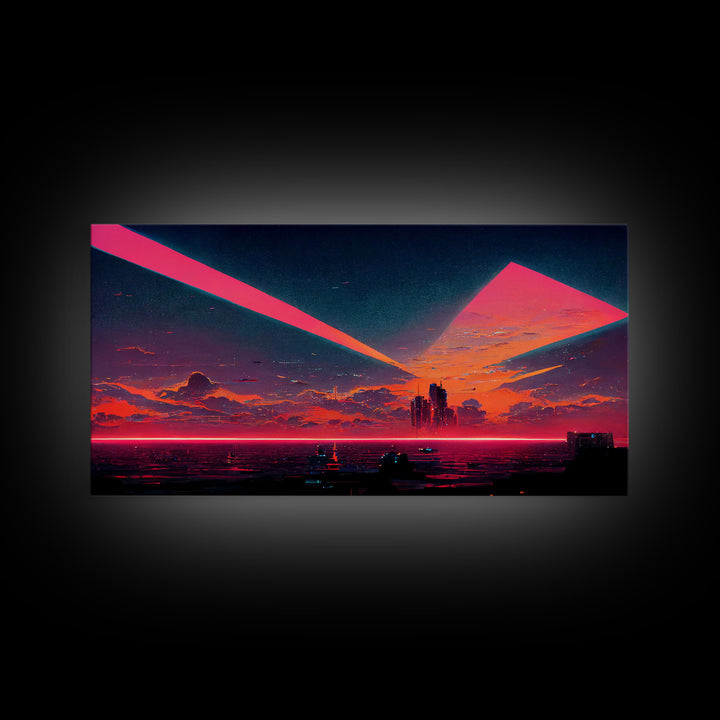 Cyberpunk lake art, city canvas, video game concept art, living room wall art, dystopian art, outrun city at sunset, man cave canvas print