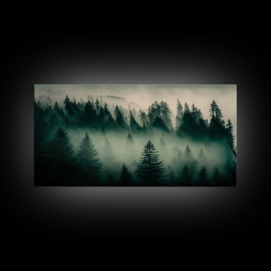 Framed Canvas Print, Pine Tree Forest, Misty Forest Landscape, Fog Covered Mountain, Nature Landscape Decor