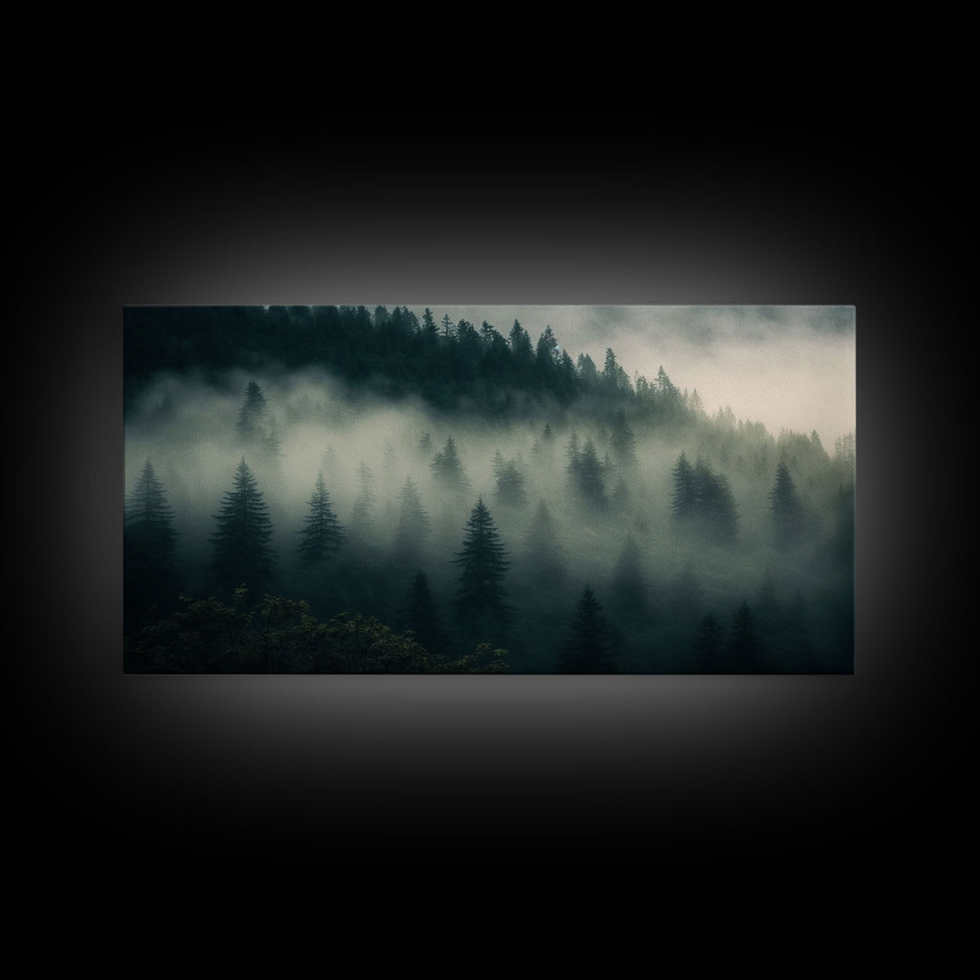 Foggy pine forest, Canadian forest art, framed canvas print, farmhouse decor, misty forst landscape