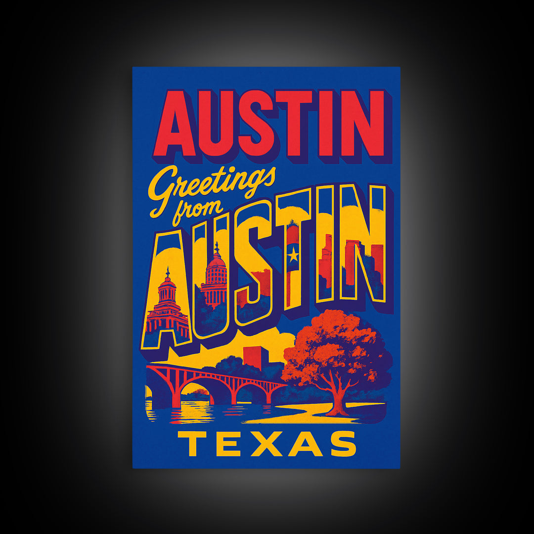 Austin Texas Travel Poster, Canvas Print, Colorful Graphic Wall Art, Austin Art Print, City Illustration, Travel Art Print, Travel Print