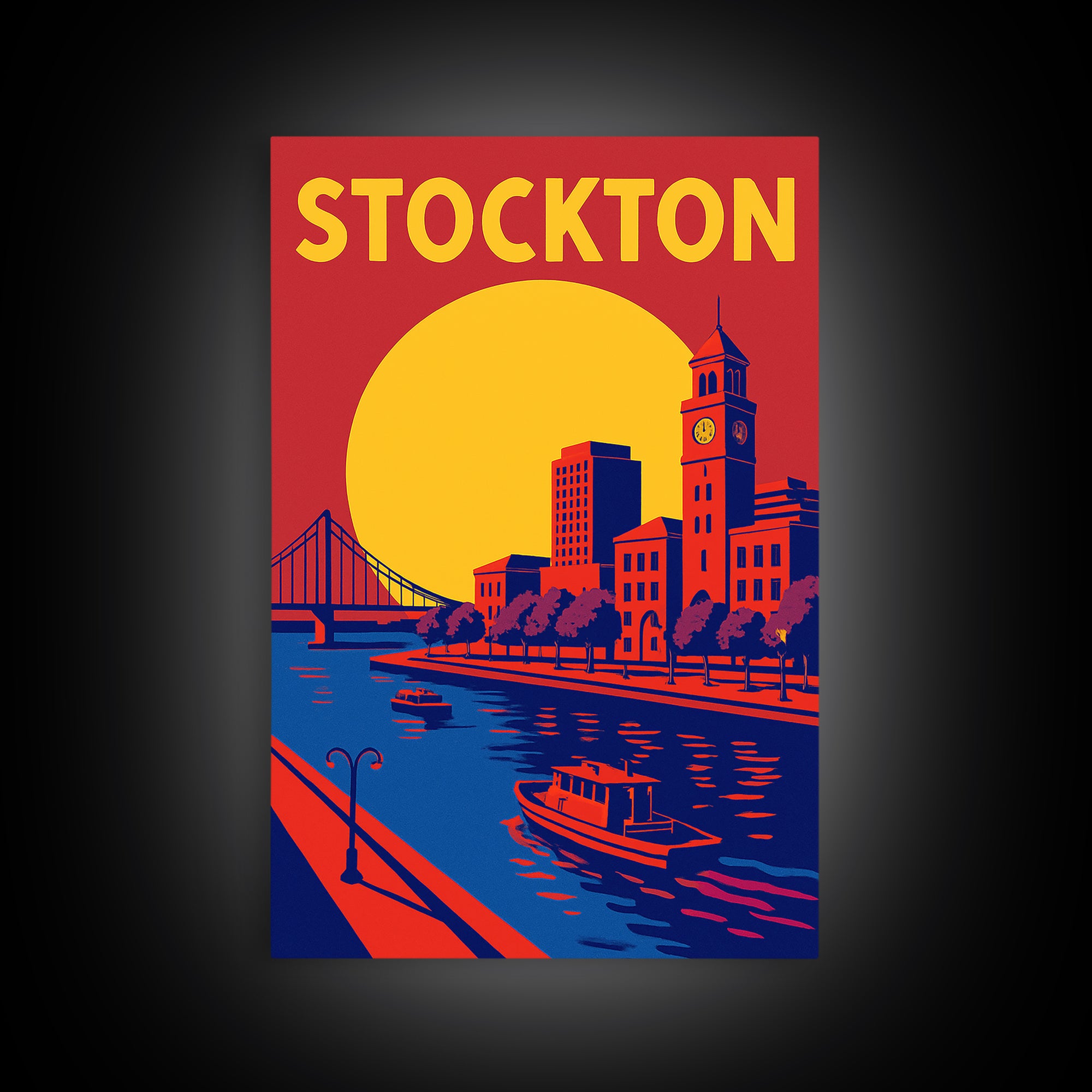 Stockton Travel Poster, Framed Canvas Print, Vibrant Retro Travel Art, Stockton City Art, Vintage City Art, Fine Art Print, Vintage Print