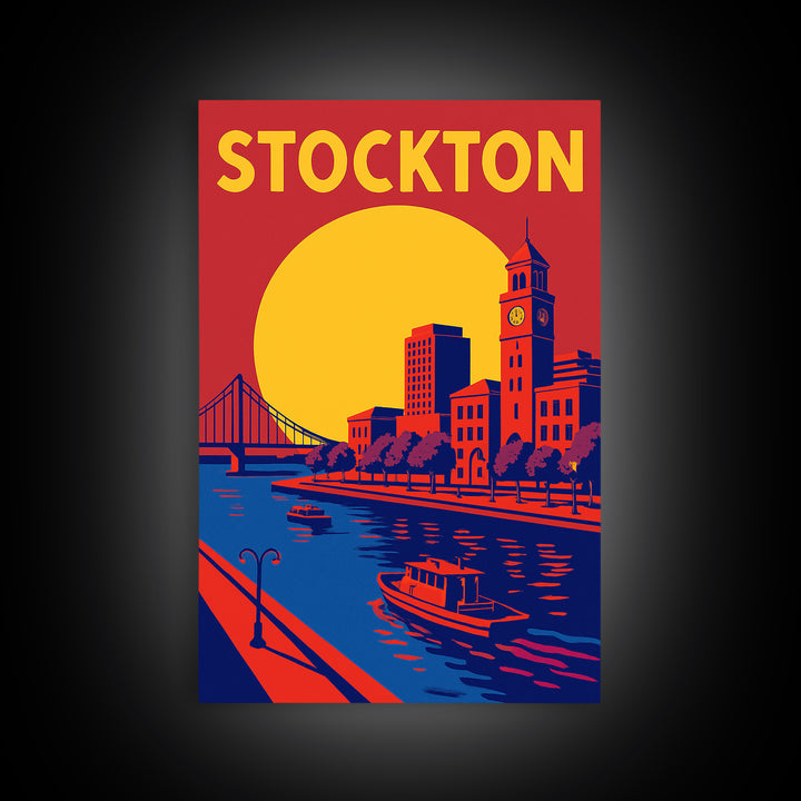 Stockton Travel Poster, Framed Canvas Print, Vibrant Retro Travel Art, Stockton City Art, Vintage City Art, Fine Art Print, Vintage Print