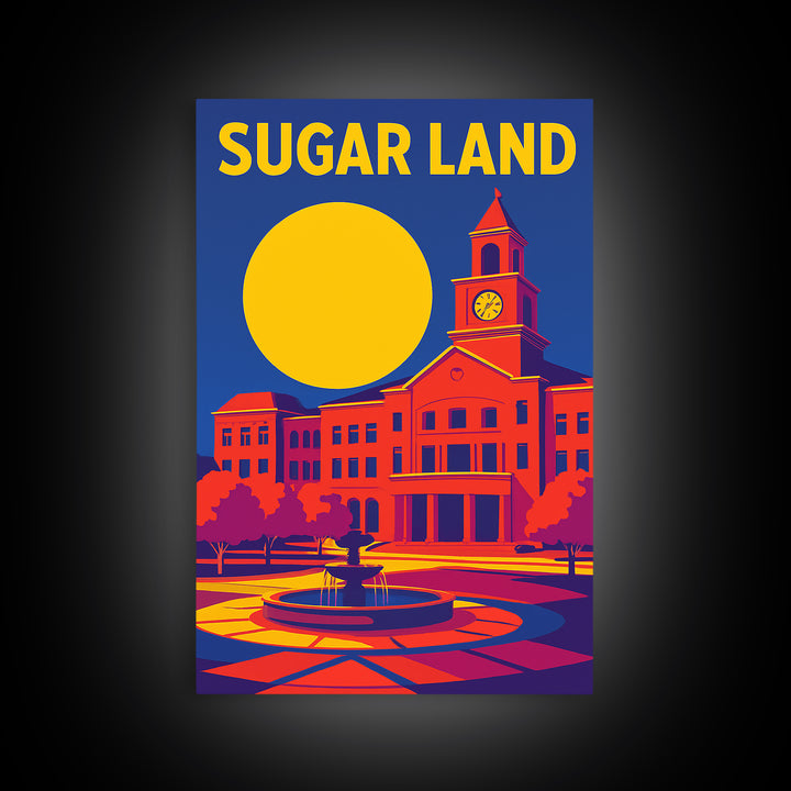 Sugar Land Texas Travel Poster, Framed Canvas Print, Vibrant Retro Travel Art, Sugar Land Art Print, City Art Print, Vintage City Poster