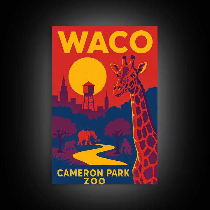 Waco Travel Poster, Framed Canvas Print, Bold Pop Art Poster, Waco Wall Art, Mid Century Wall Art, Retro Travel Print, City Art Print
