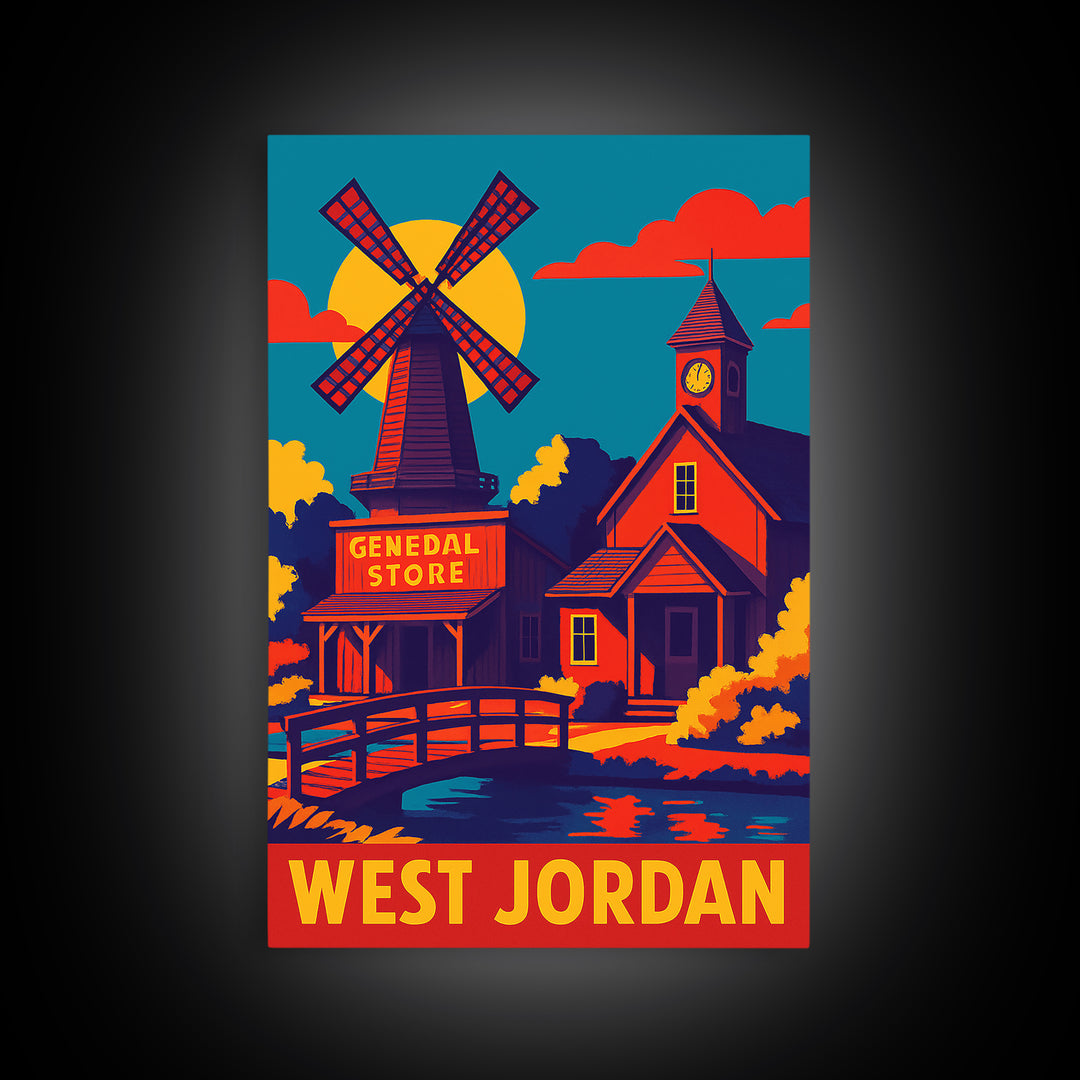 West Jordan Utah Travel Poster, Canvas Print, Vibrant Retro Travel Art, West Jordan City Art, Living Room Wall Art, Vintage City Poster