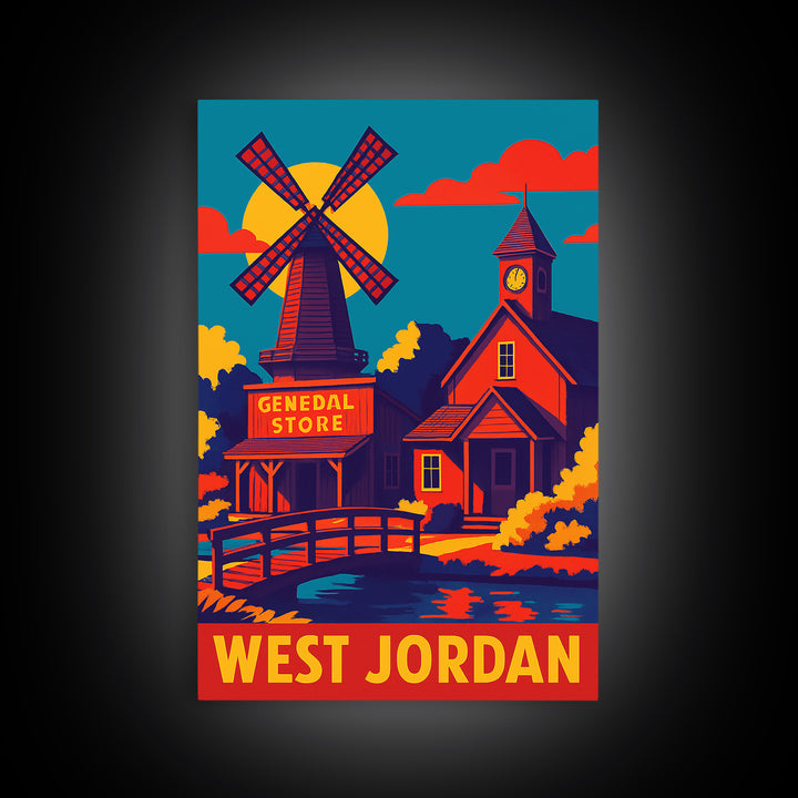 West Jordan Utah Travel Poster, Canvas Print, Vibrant Retro Travel Art, West Jordan City Art, Living Room Wall Art, Vintage City Poster