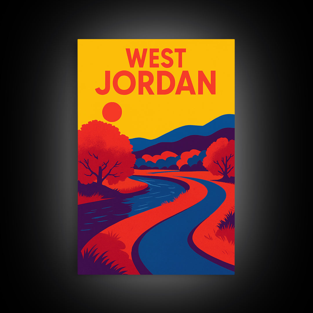 West Jordan Travel Poster, Framed Canvas Print, Bold Pop Art Poster, West Jordan Travel Art, Eclectic Wall Decor, City Illustration