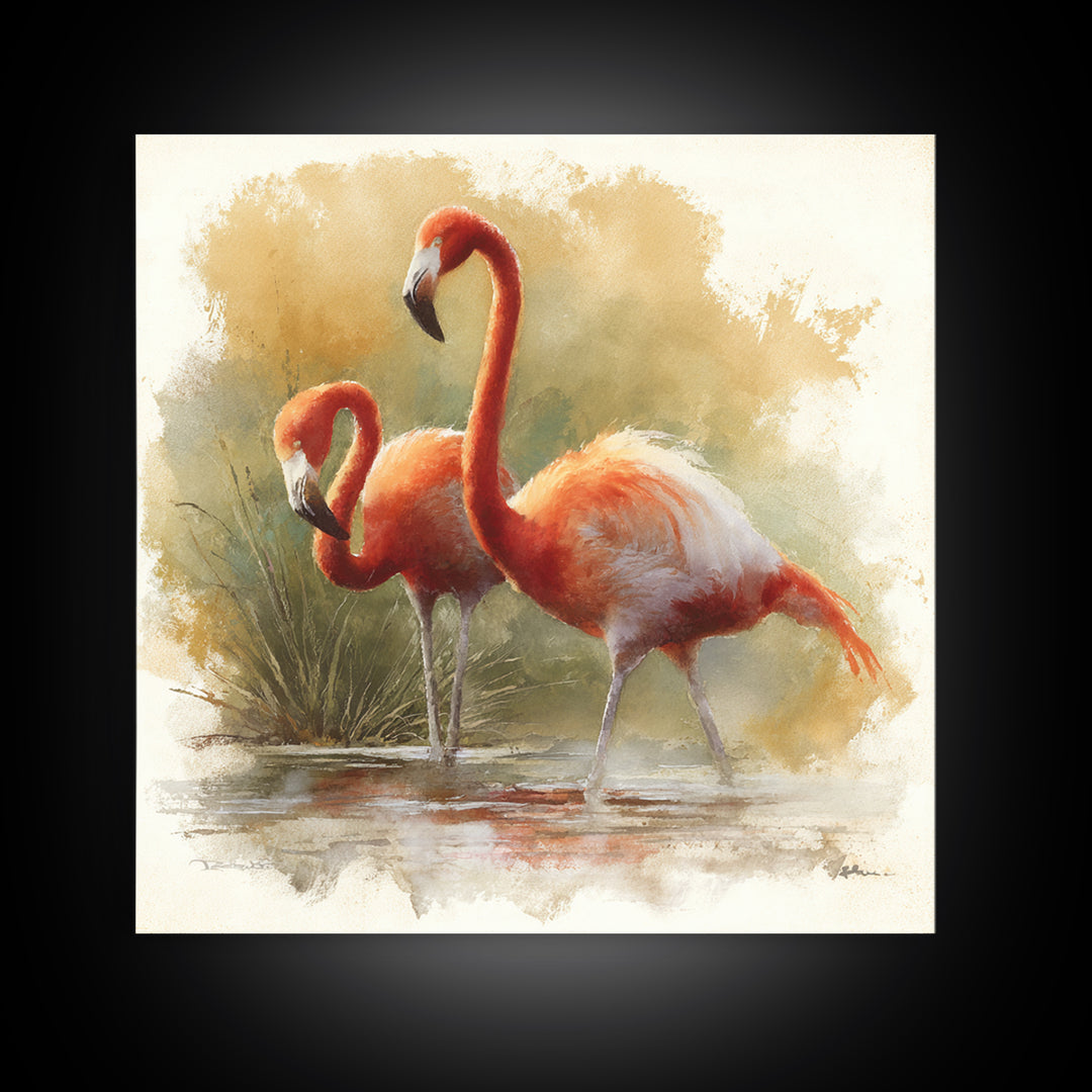 Flamingo Pair Beside Shallow Water Canvas Print, Patio Art, Beach House Decor, Patio Decor, Fine Art, Outdoor, Modern Decor, PAT-1x1-10
