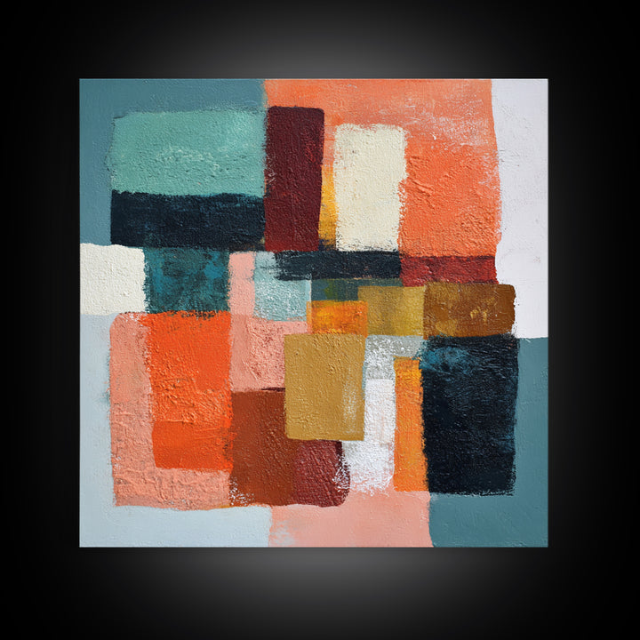 Bright Coral and Turquoise Abstract for Outdoors Framed Canvas Print, Patio Art, Decor, Patio Decor, Fine Art, Outdoor, PAT-1x1-12