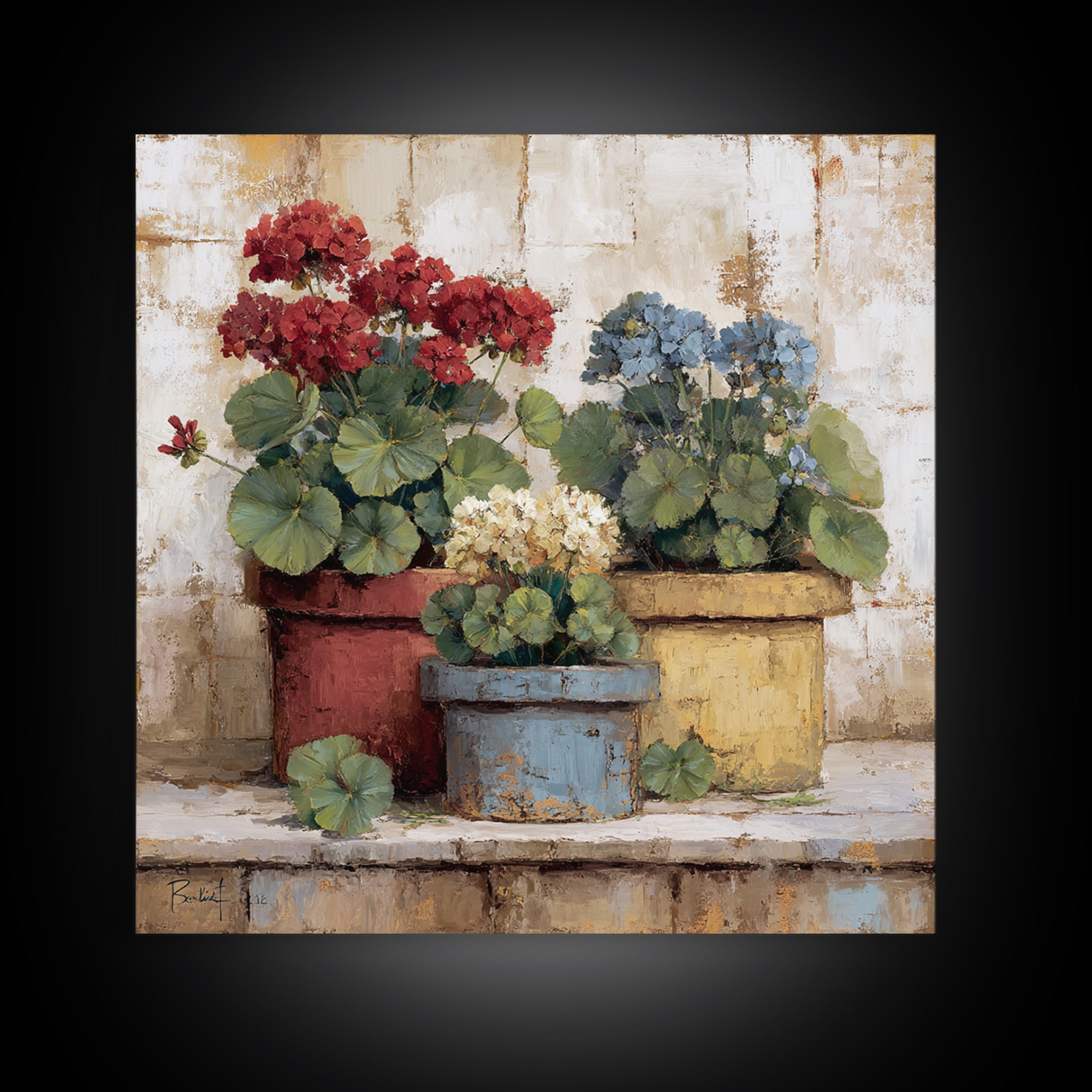 Potted Geraniums in Rustic Clay Pots Canvas Print, Patio Art, Porch Decor, Patio Decor, Fine Art, Outdoor, Fine Art Print, PAT-1x1-14