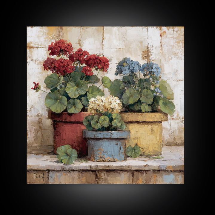 Potted Geraniums in Rustic Clay Pots Canvas Print, Patio Art, Porch Decor, Patio Decor, Fine Art, Outdoor, Fine Art Print, PAT-1x1-14