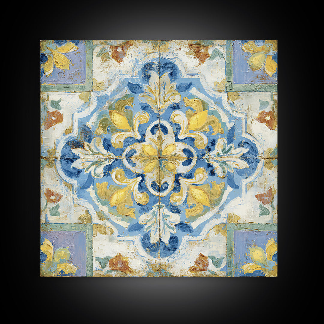 Mediterranean Lemons and Blue Tile Pattern Framed Canvas Print, Patio Art, Patio Decor, Fine Art, Outdoor, Gallery Decor, PAT-1x1-2