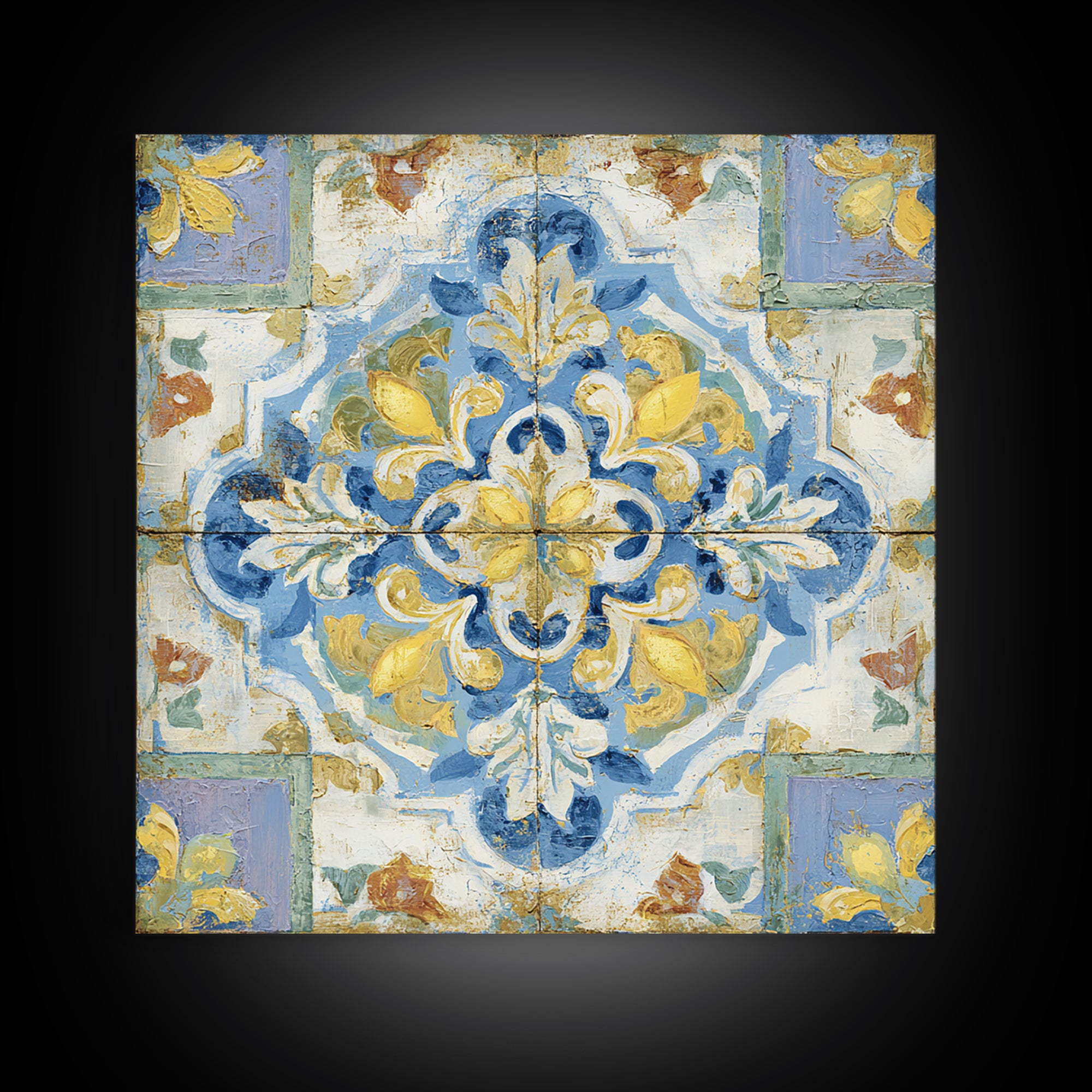 Mediterranean Lemons and Blue Tile Pattern Framed Canvas Print, Patio Art, Patio Decor, Fine Art, Outdoor, Gallery Decor, PAT-1x1-2
