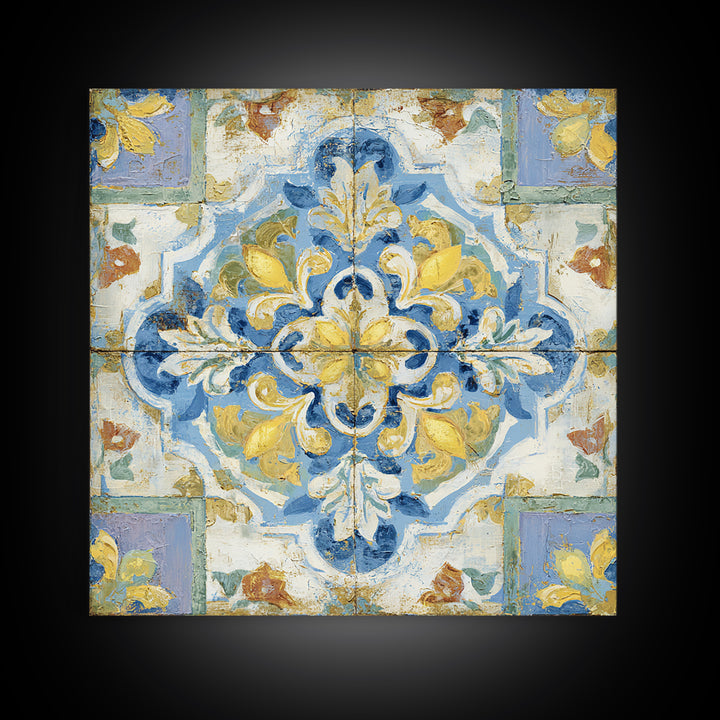 Mediterranean Lemons and Blue Tile Pattern Framed Canvas Print, Patio Art, Patio Decor, Fine Art, Outdoor, Gallery Decor, PAT-1x1-2
