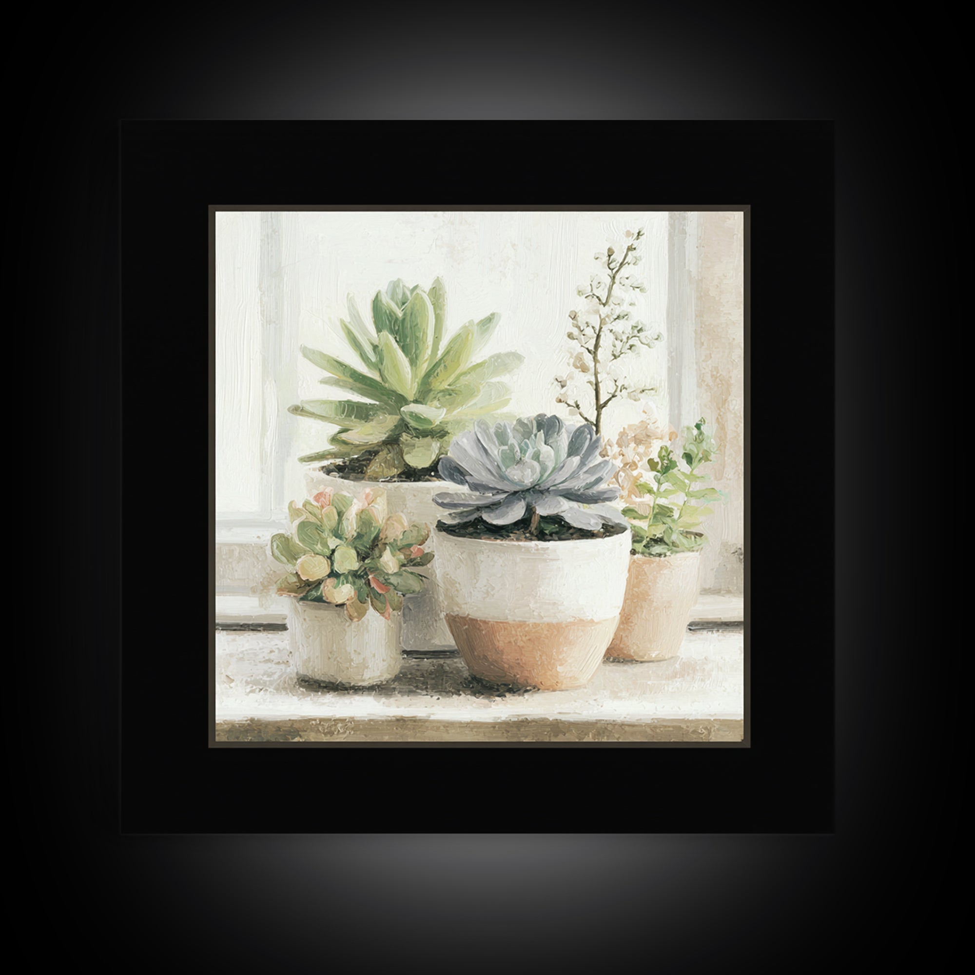 Succulent Collection in Ceramic Planters Framed Canvas Print, Patio Art, Mixed Media Art, Patio Decor, Fine Art, Outdoor, PAT-1x1-21