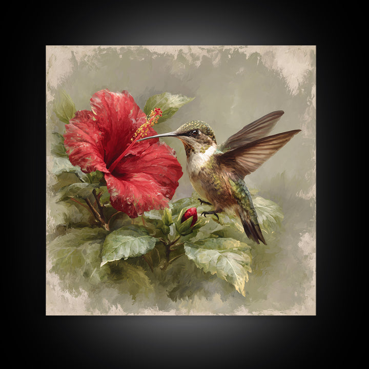 Hummingbird Visiting Bright Hibiscus Canvas Print, Patio Art, Western Decor, Patio Decor, Abstract Art, Outdoor, Floral Art, PAT-1x1-3