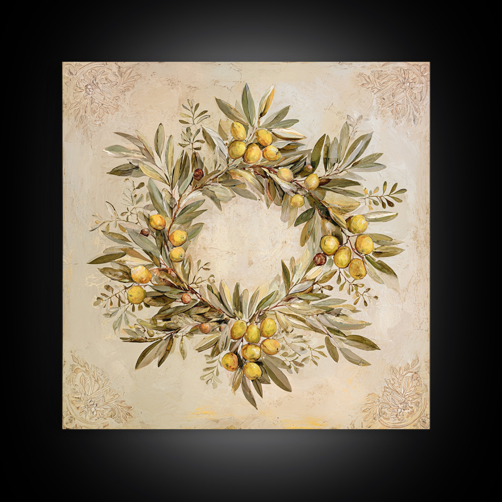 Olive Branch Wreath on Warm Plaster Framed Canvas Print, Patio Art, Statement Artwork, Patio Decor, Fine Art, Outdoor, PAT-1x1-33