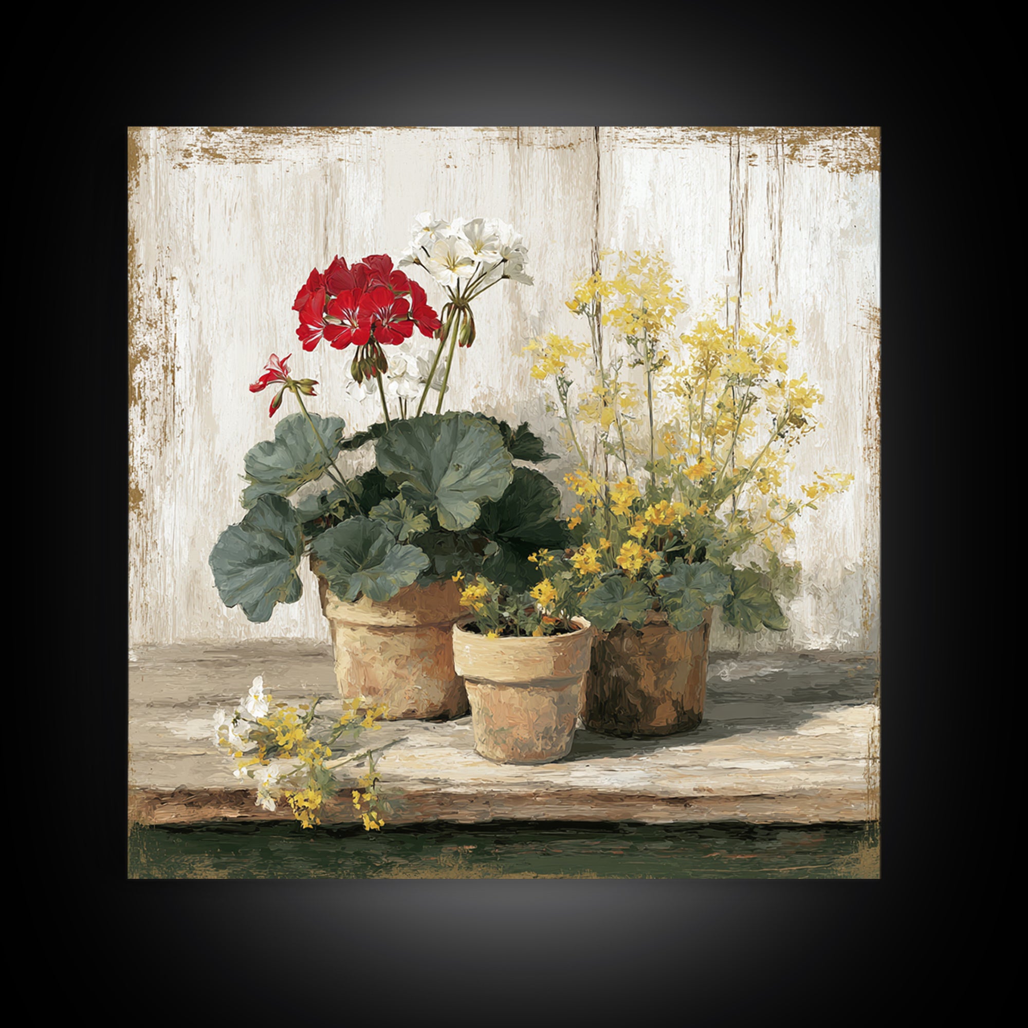 Potted Geraniums in Rustic Clay Pots Framed Canvas Print, Patio Art, Family Wall Art, Patio Decor, Fine Art, Outdoor, PAT-1x1-38