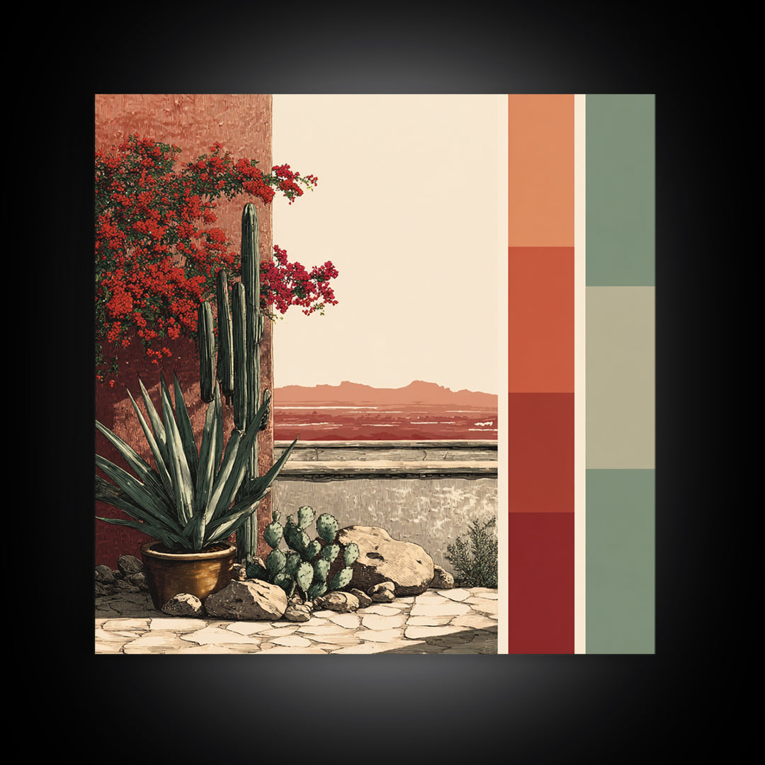 Desert Patio Agave and Bougainvillea Framed Canvas Print, Patio Art, Gallery Decor, Patio Decor, Oil Painting, Outdoor, PAT-1x1-41
