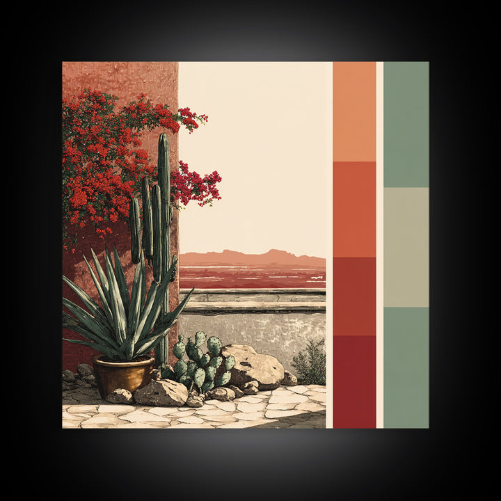 Desert Patio Agave and Bougainvillea Framed Canvas Print, Patio Art, Gallery Decor, Patio Decor, Oil Painting, Outdoor, PAT-1x1-41