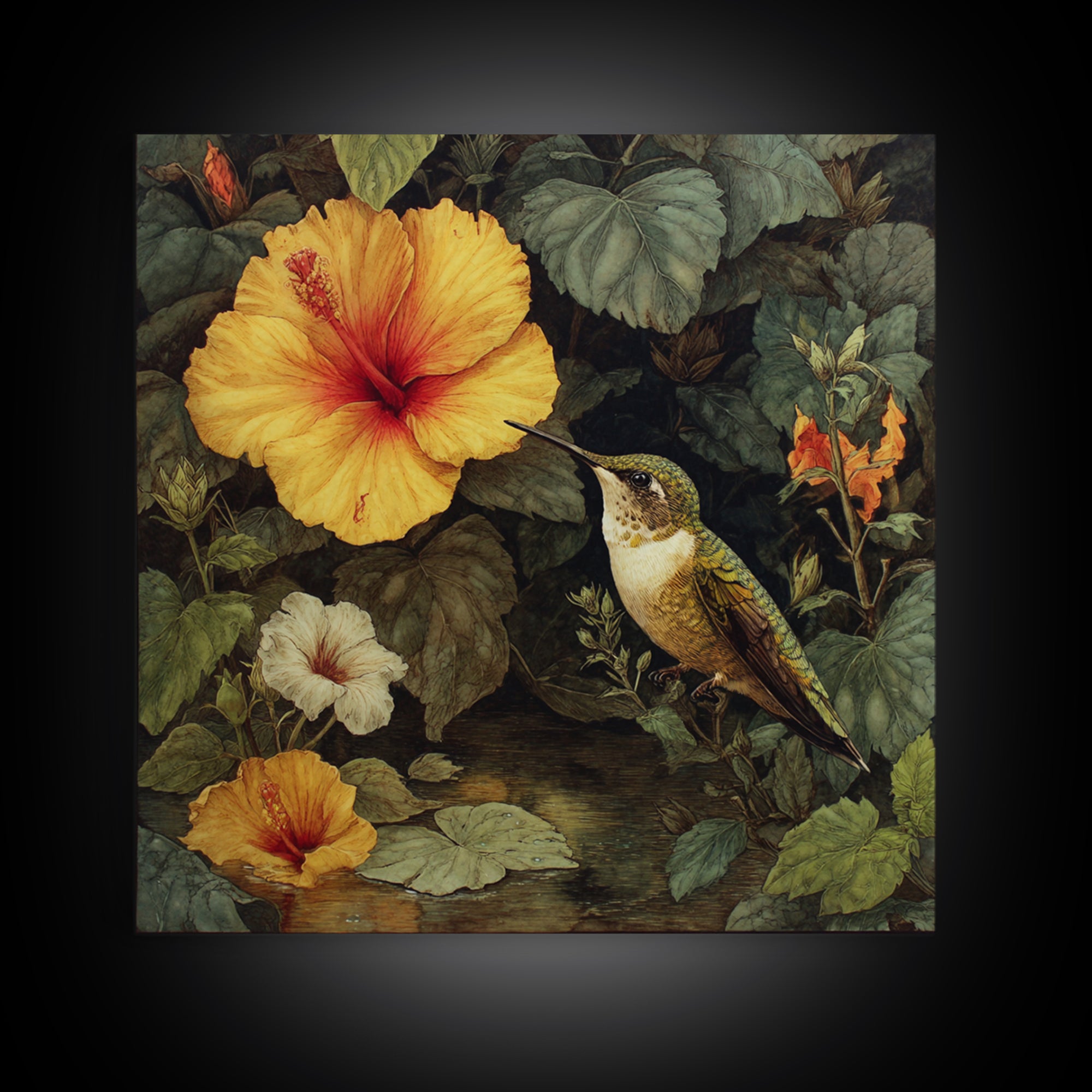 Hummingbird Visiting Bright Hibiscus Framed Canvas Print, Patio Art, Family Wall Art, Patio Decor, Oil Painting, Outdoor, PAT-1x1-51
