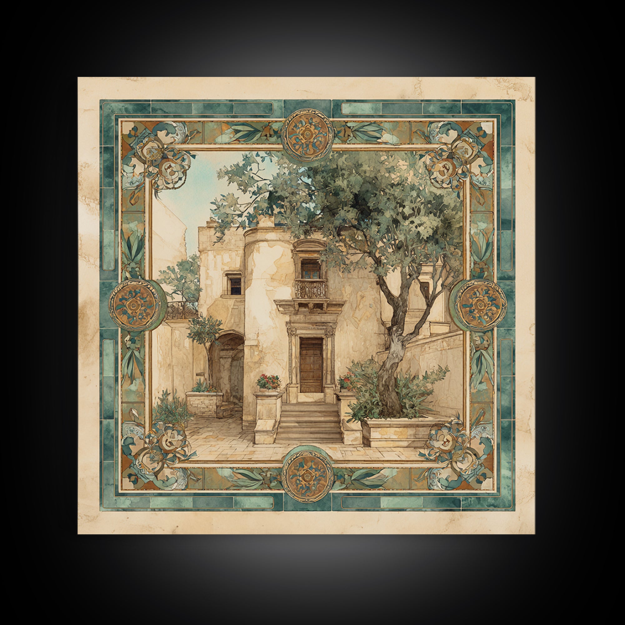 Olive Branch Wreath on Warm Plaster Framed Canvas Print, Patio Art, Statement Artwork, Patio Decor, Fine Art, Outdoor, PAT-1x1-57