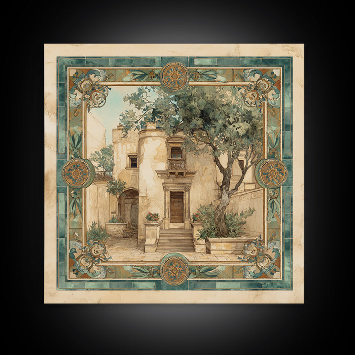 Olive Branch Wreath on Warm Plaster Framed Canvas Print, Patio Art, Statement Artwork, Patio Decor, Fine Art, Outdoor, PAT-1x1-57
