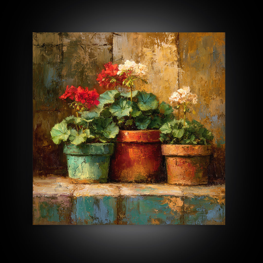 Potted Geraniums in Rustic Clay Pots Framed Canvas Print, Patio Art, Family Wall Art, Patio Decor, Fine Art, Outdoor, PAT-1x1-62