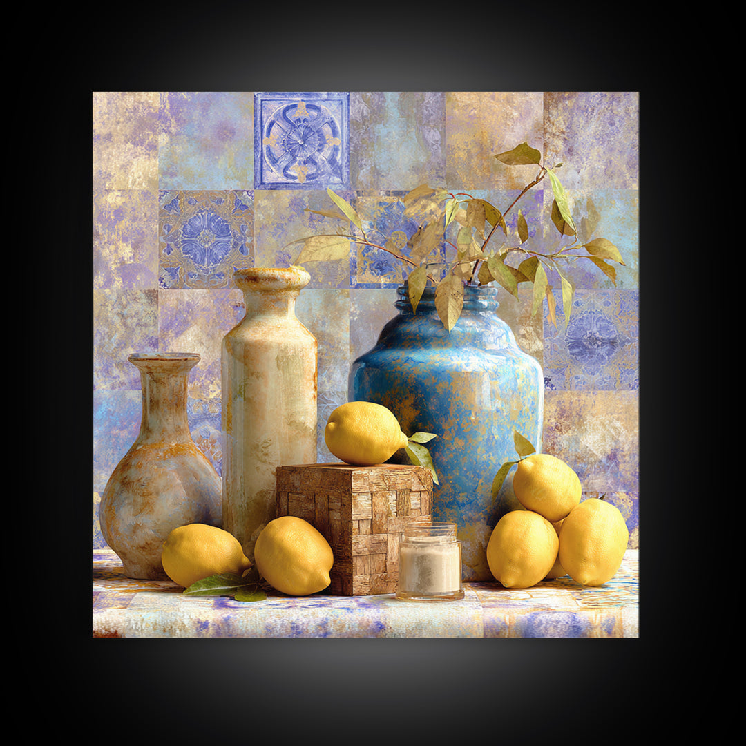 Mediterranean Lemons and Blue Tile Pattern Framed Canvas Print, Patio Art, Patio, Patio Decor, Outdoor, Minimalist Decor, PAT-1x1-74