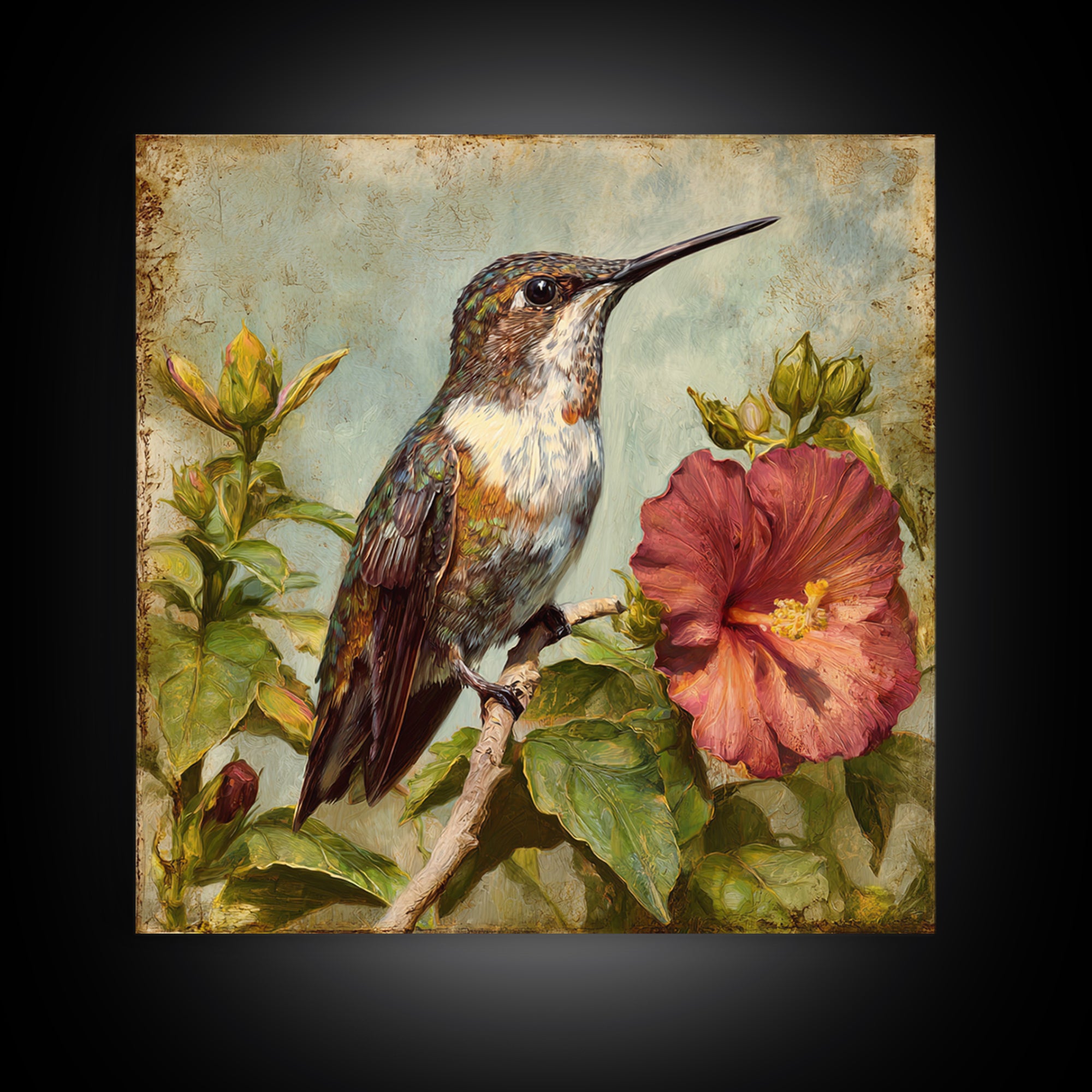 Hummingbird Visiting Bright Hibiscus Canvas Print, Patio Art, Modern Decor, Patio Decor, Fine Art, Outdoor, Home Decor, PAT-1x1-75