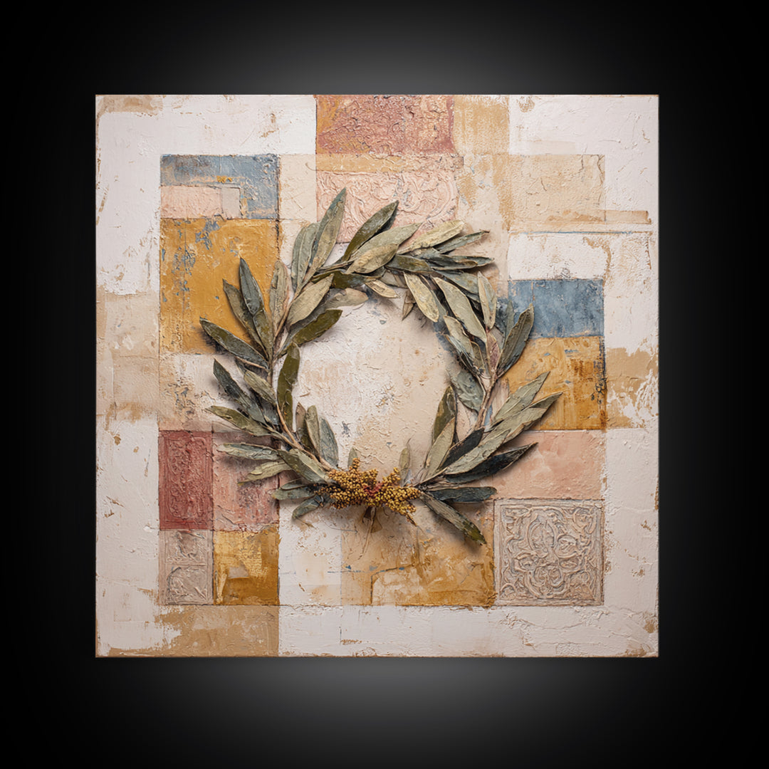 Olive Branch Wreath on Warm Plaster Canvas Print, Patio Art, Patio Decor, Oil Painting, Outdoor, Outdoor Wall Art, PAT-1x1-81