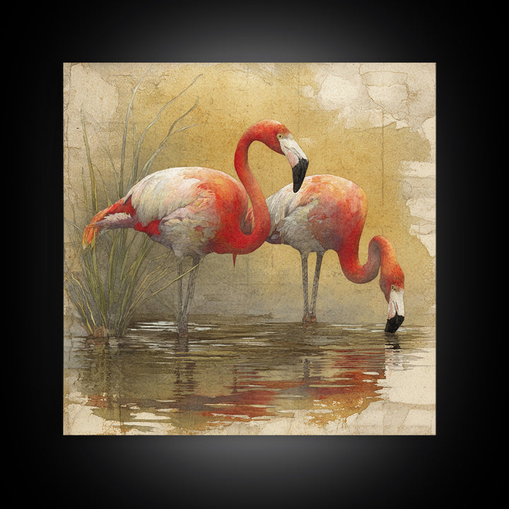 Flamingo Pair Beside Shallow Water Canvas Print, Patio Art, Neutral Decor, Patio Decor, Oil Painting, Outdoor, Wall Art, PAT-1x1-82