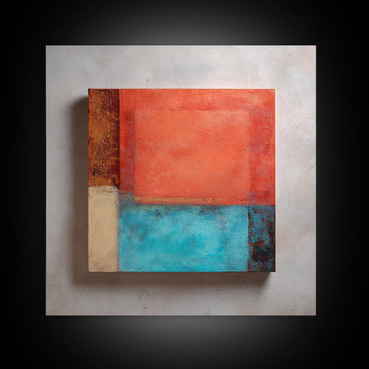 Bright Coral and Turquoise Abstract for Outdoors Framed Canvas Print, Patio Art, Mixed Media Art, Patio Decor, Outdoor, PAT-1x1-84
