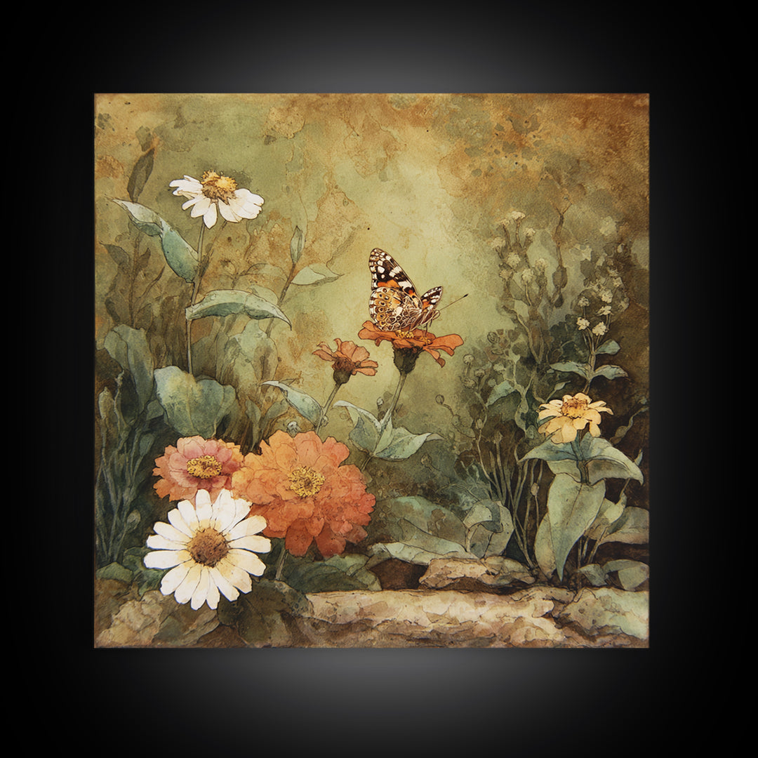 Butterfly Garden with Zinnias and Daisies Canvas Print, Patio Art, Boho Decor, Patio Decor, Oil Painting, Outdoor, PAT-1x1-85