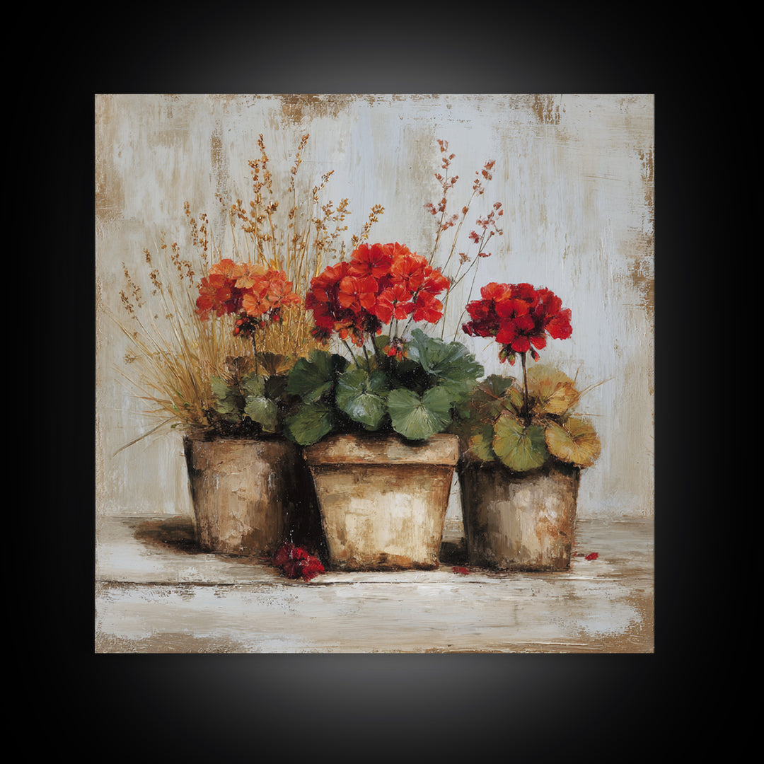 Potted Geraniums in Rustic Clay Pots Canvas Print, Patio Art, Modern Decor, Patio Decor, Fine Art, Outdoor, Home Decor, PAT-1x1-86