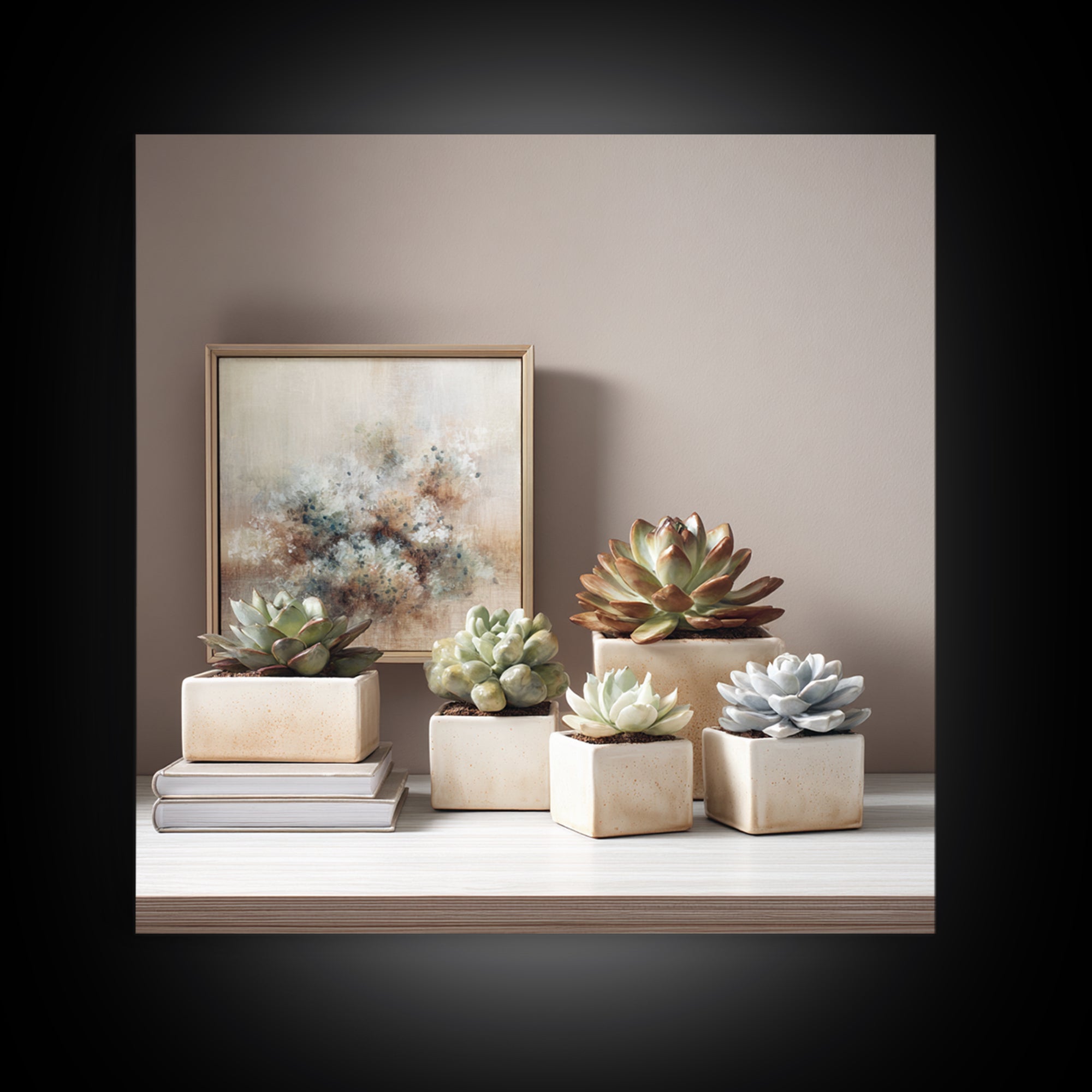 Succulent Collection in Ceramic Planters Framed Canvas Print, Patio Art, Luxury Decor, Patio Decor, Oil Painting, Outdoor, PAT-1x1-93