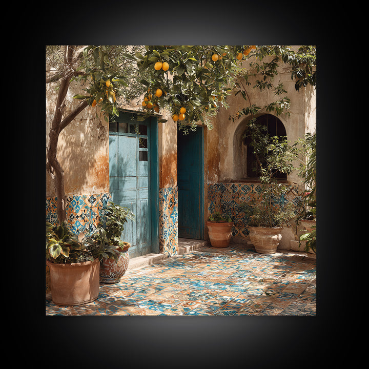 Mediterranean Lemons and Blue Tile Pattern Canvas Print, Patio Art, Boho Decor, Patio Decor, Fine Art, Outdoor, Outdoor Decor, PAT-1x1-98
