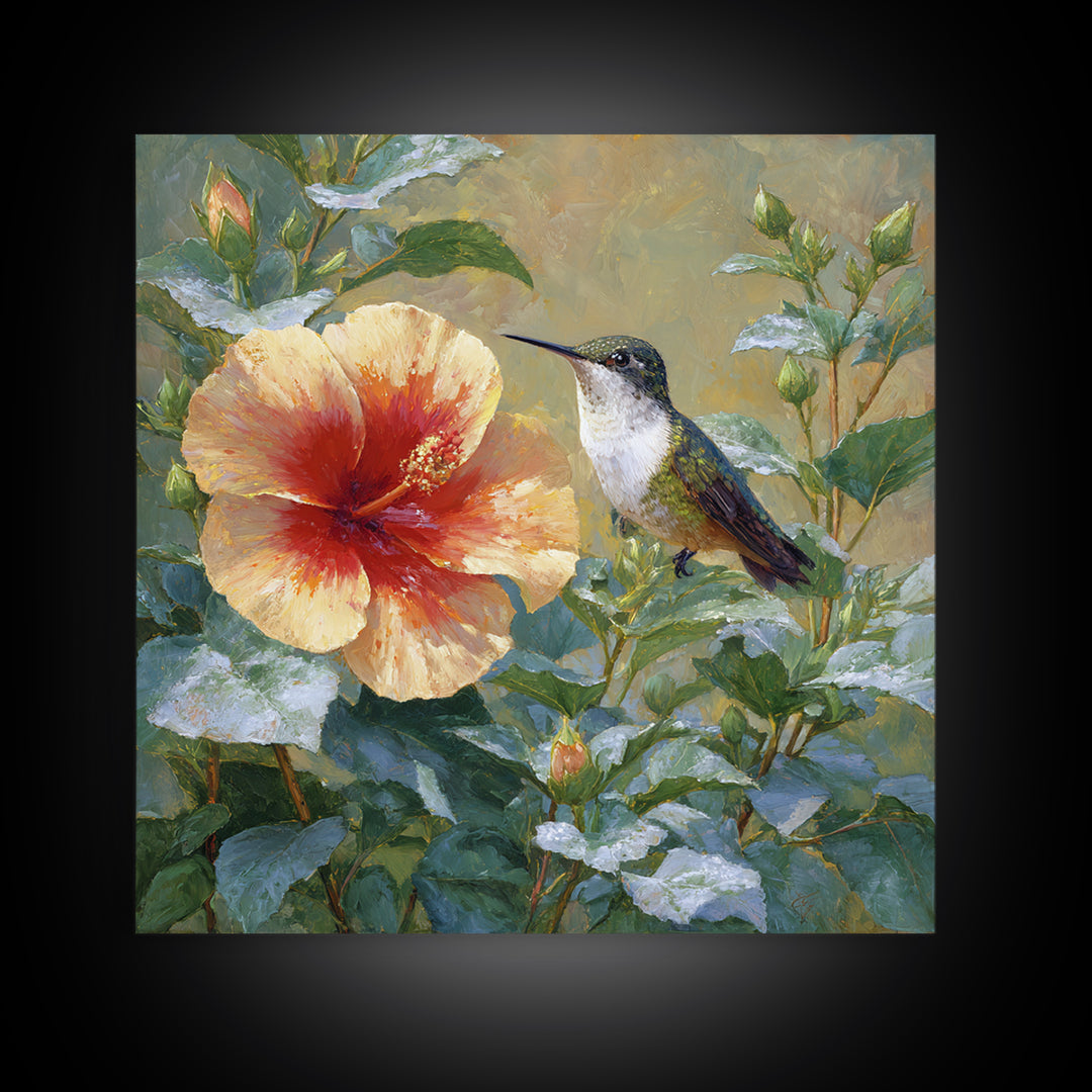 Hummingbird Visiting Bright Hibiscus Canvas Print, Patio Art, Wall Art, Patio Decor, Fine Art, Outdoor, Outdoor Wall Decor, PAT-1x1-99