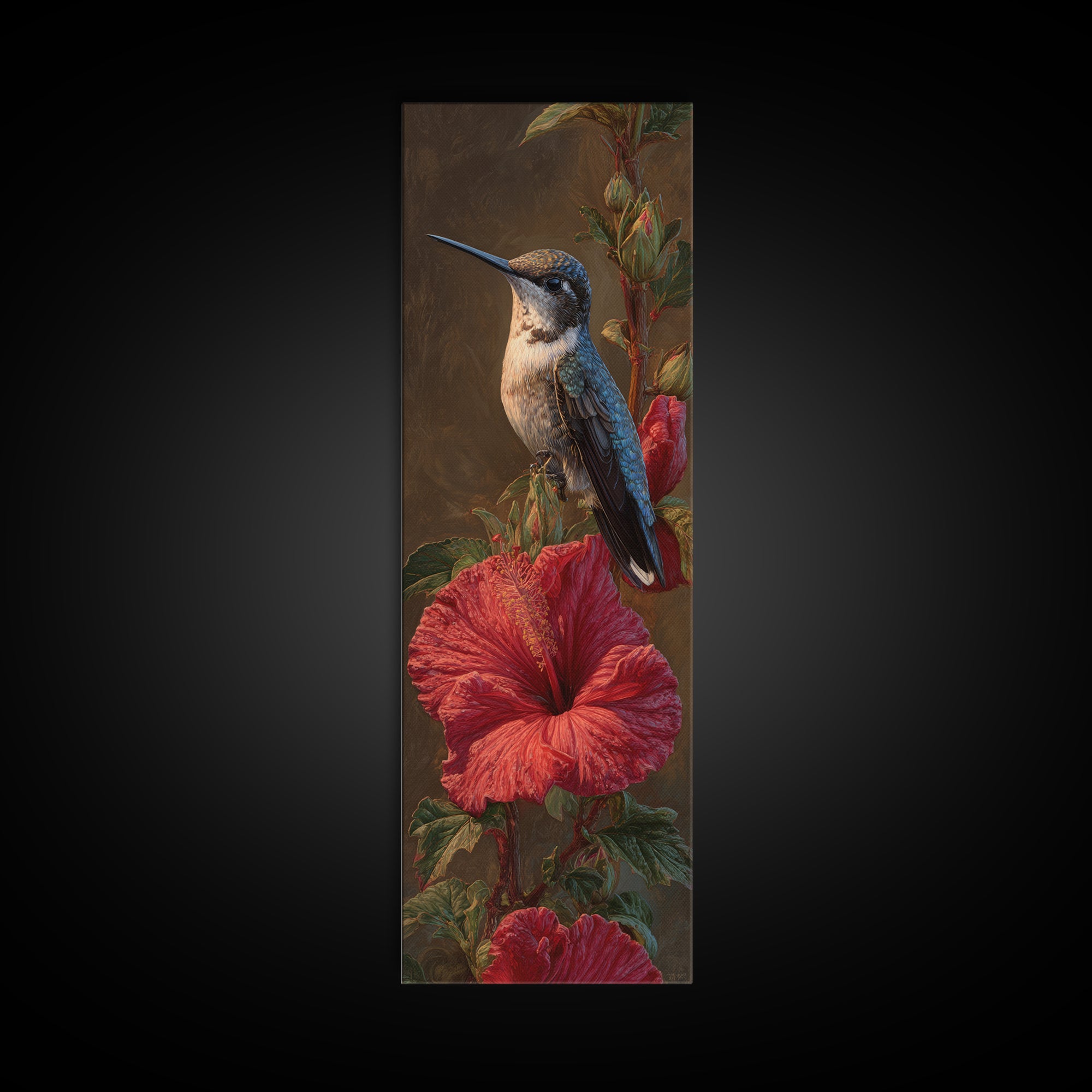 Hummingbird Visiting Bright Hibiscus Framed Canvas Print, Patio Art, Patio Decor, Abstract Art, Outdoor, Floral Wall Art, PAT-1x3-15