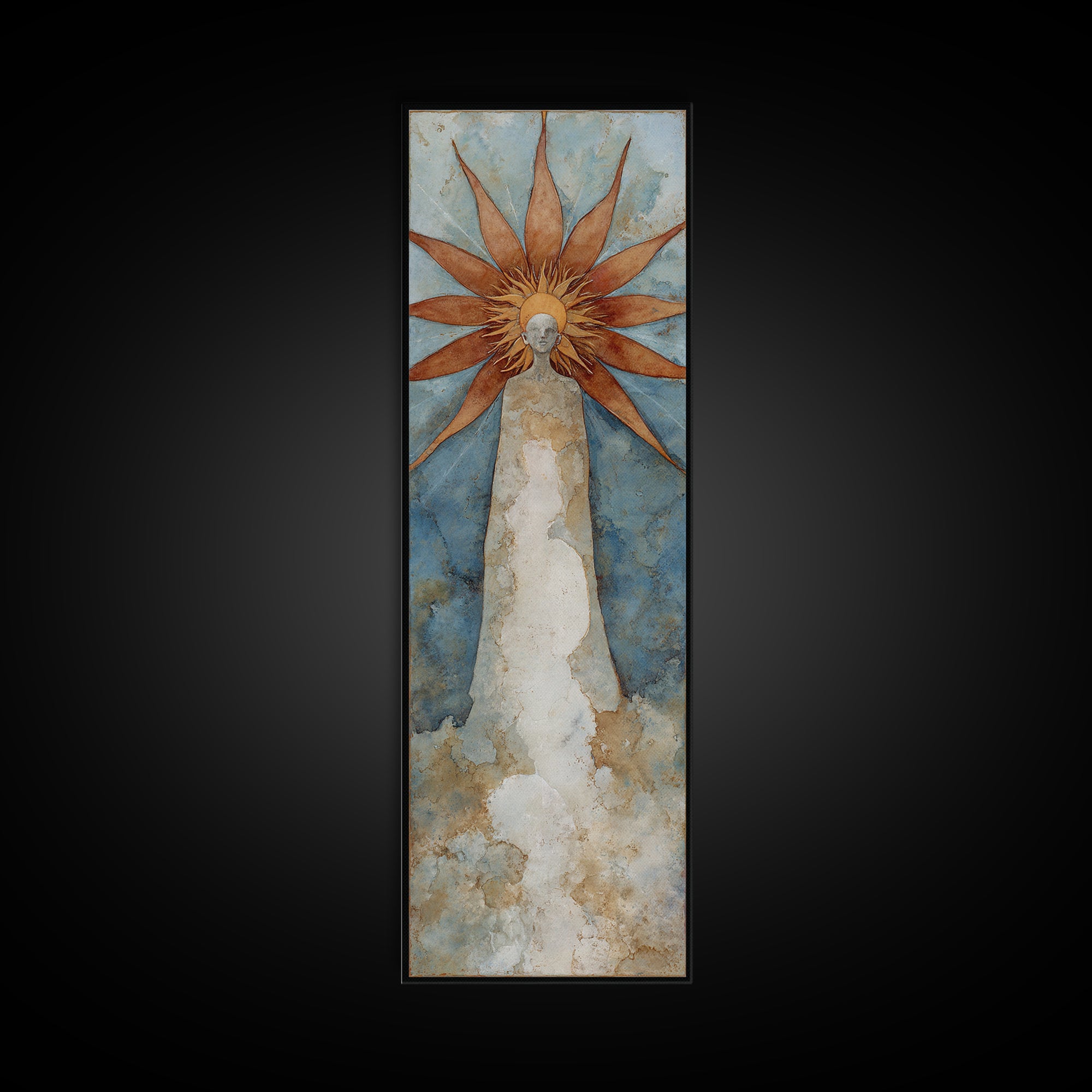 Sun Motif with Warm Terracotta Rays Framed Canvas Print, Patio Art, Patio Cushions, Patio Decor, Oil Painting, Outdoor, PAT-1x3-30
