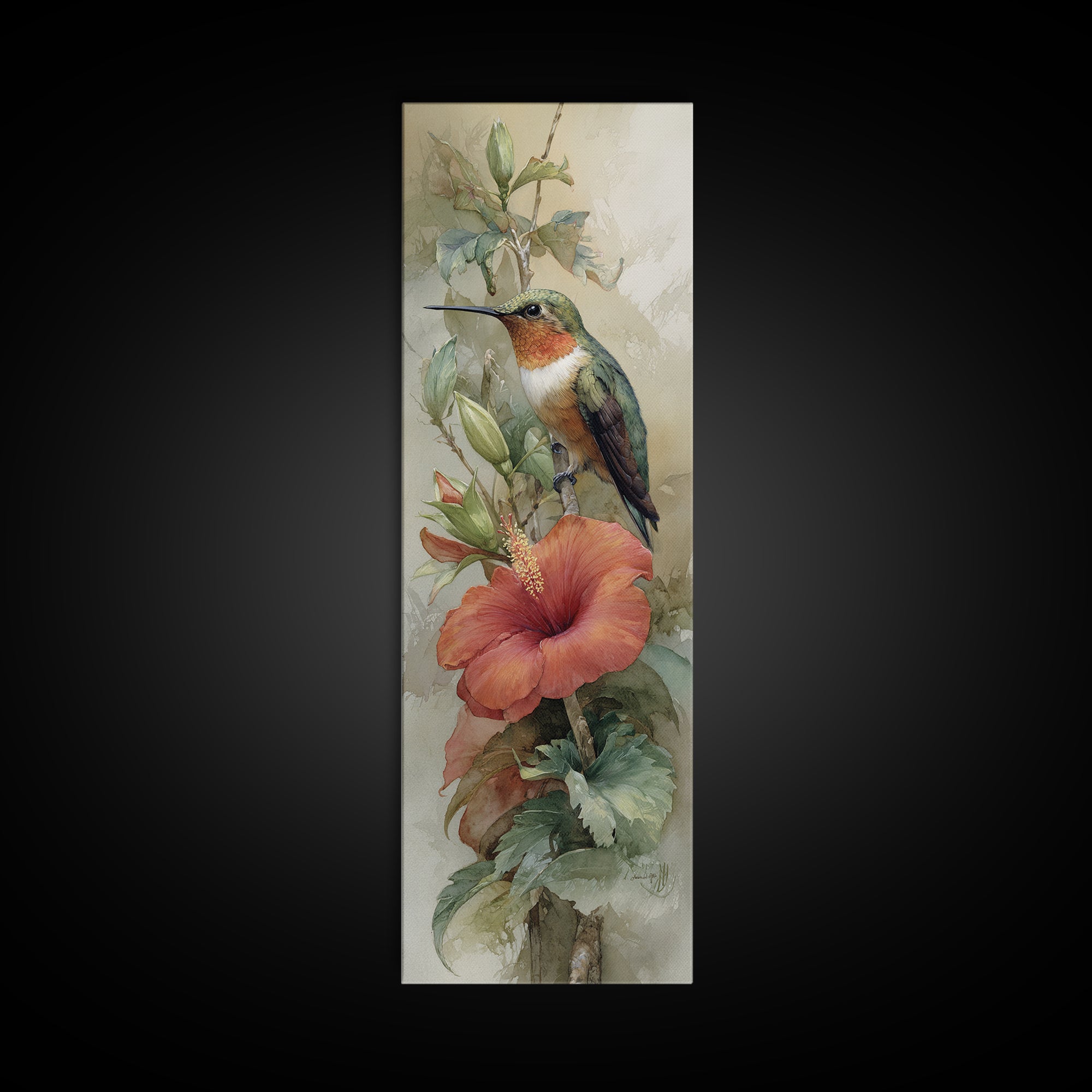 Hummingbird Visiting Bright Hibiscus Canvas Print, Patio Art, Garden Decor, Patio Decor, Fine Art, Outdoor, Beach Art, PAT-1x3-39