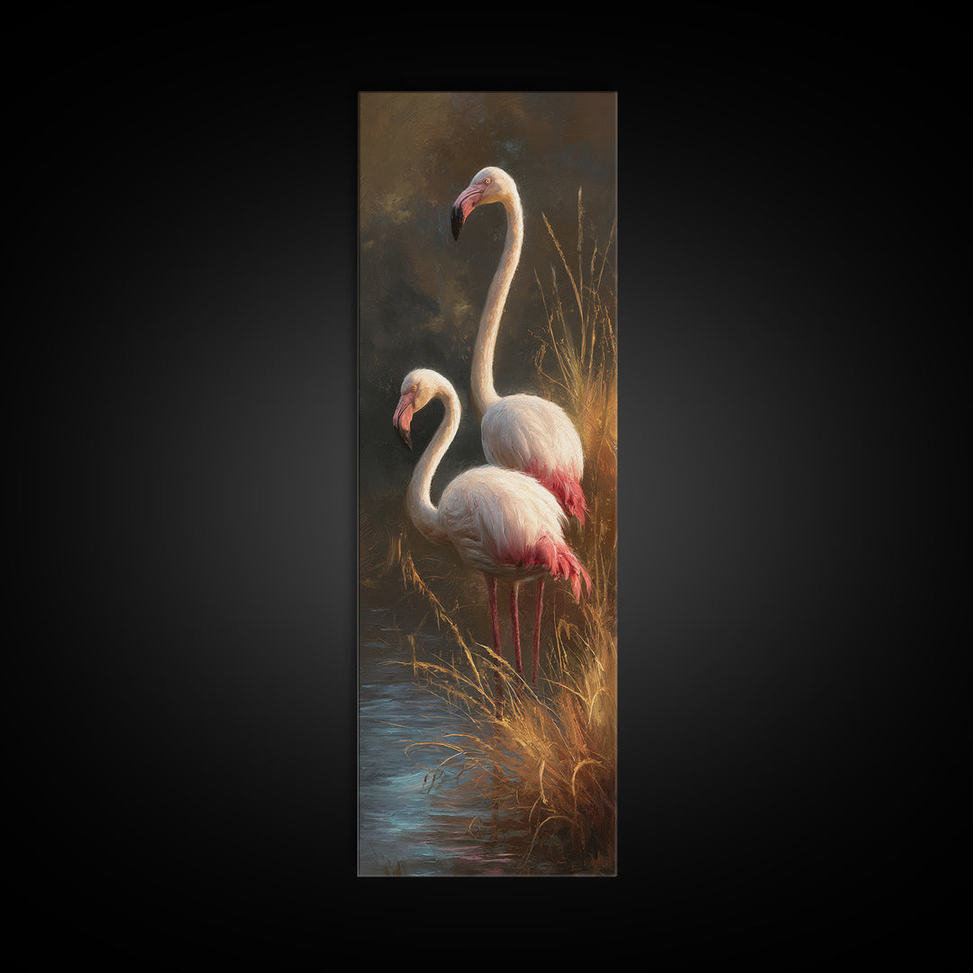 Flamingo Pair Beside Shallow Water Framed Canvas Print, Patio Art, Rustic Decor, Patio Decor, Fine Art, Outdoor, PAT-1x3-46