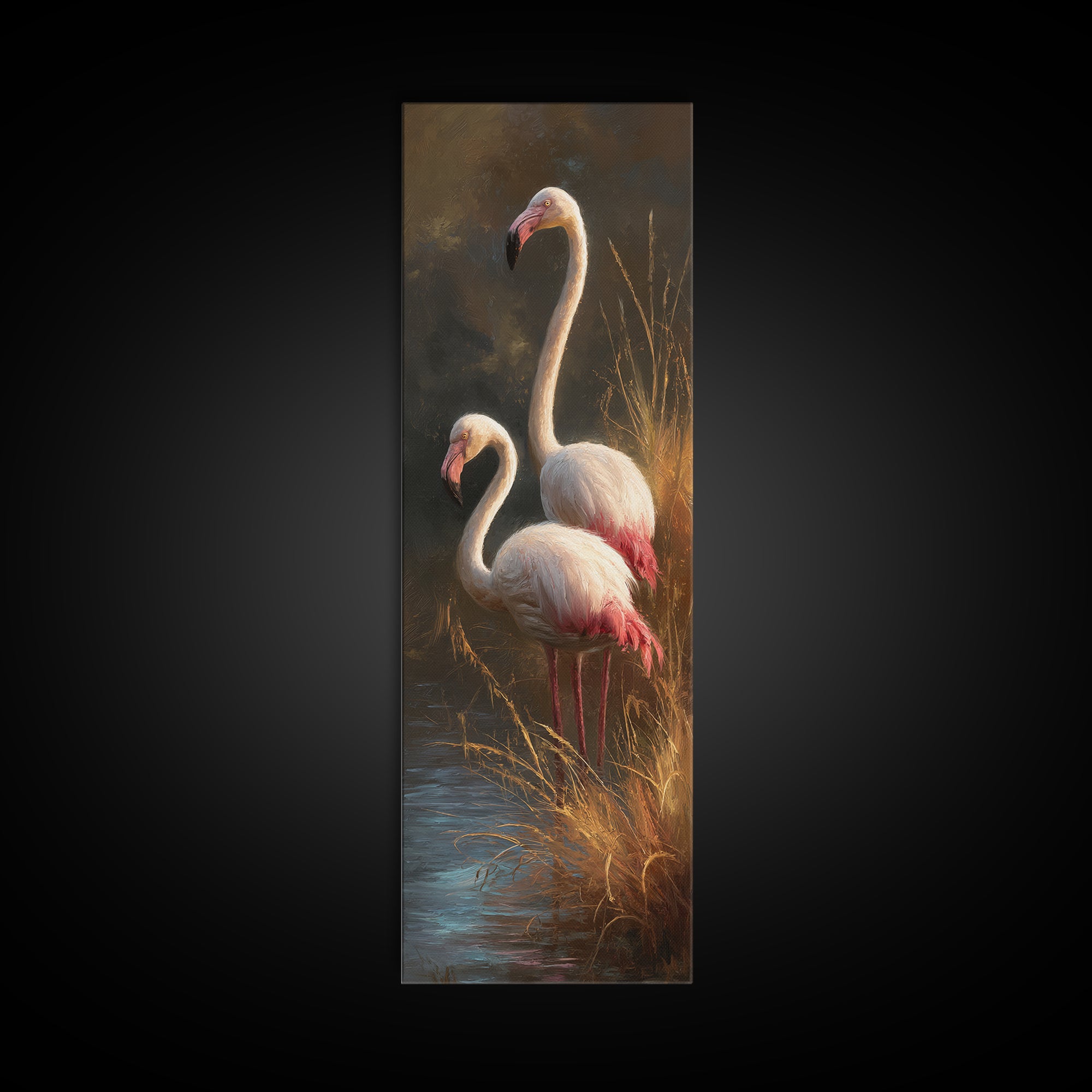 Flamingo Pair Beside Shallow Water Framed Canvas Print, Patio Art, Rustic Decor, Patio Decor, Fine Art, Outdoor, PAT-1x3-46